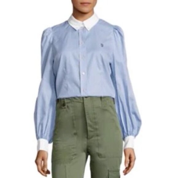 Marc Jacobs Shirt Womens 10 Blue Striped Button Up Bishop Long Sleeve Cotton - Picture 6 of 9